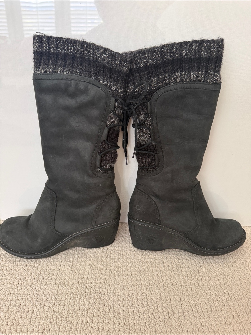 UGG Gray Knit-Trim Mid-Calf Wedge Boots size 7